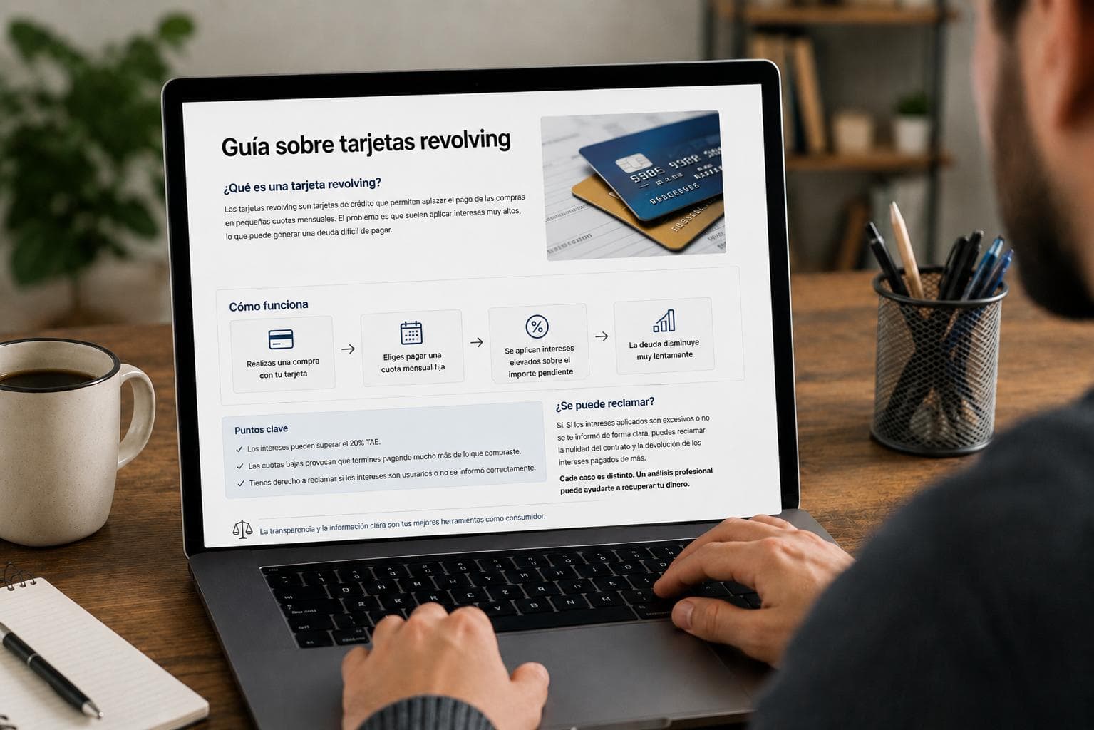 guía sobre tarjetas revolving en un portátil, con información sobre su funcionamiento, intereses abusivos y cómo reclamar.
