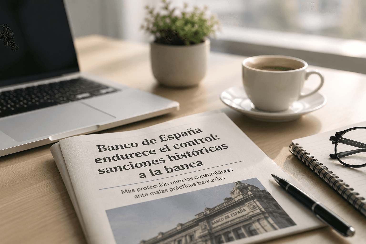 Periódico sobre sanciones del Banco de España en un escritorio de oficina.