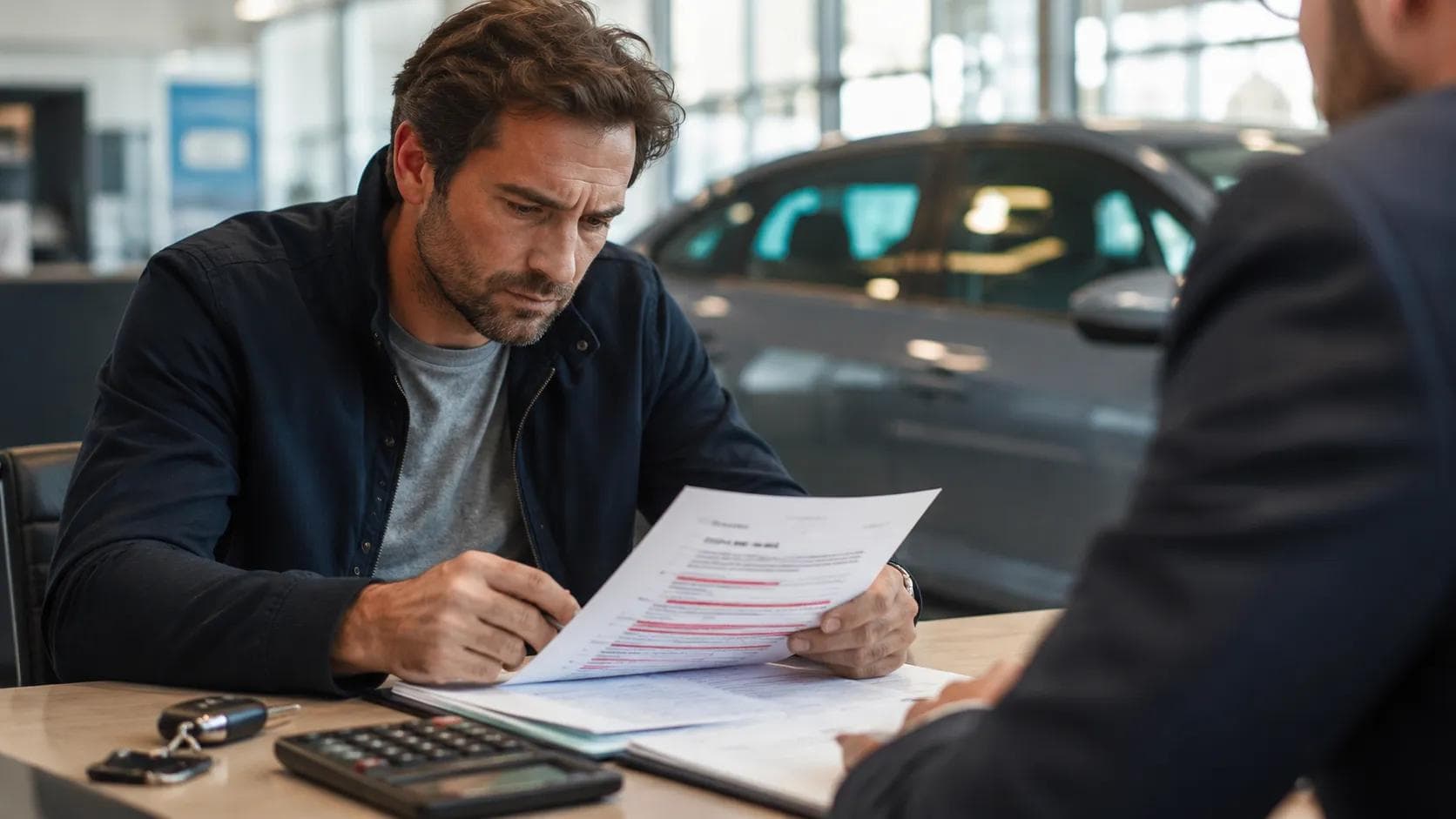 Cliente revisando un contrato de financiación de vehículo en un concesionario con documentos, calculadora y coche al fondo.