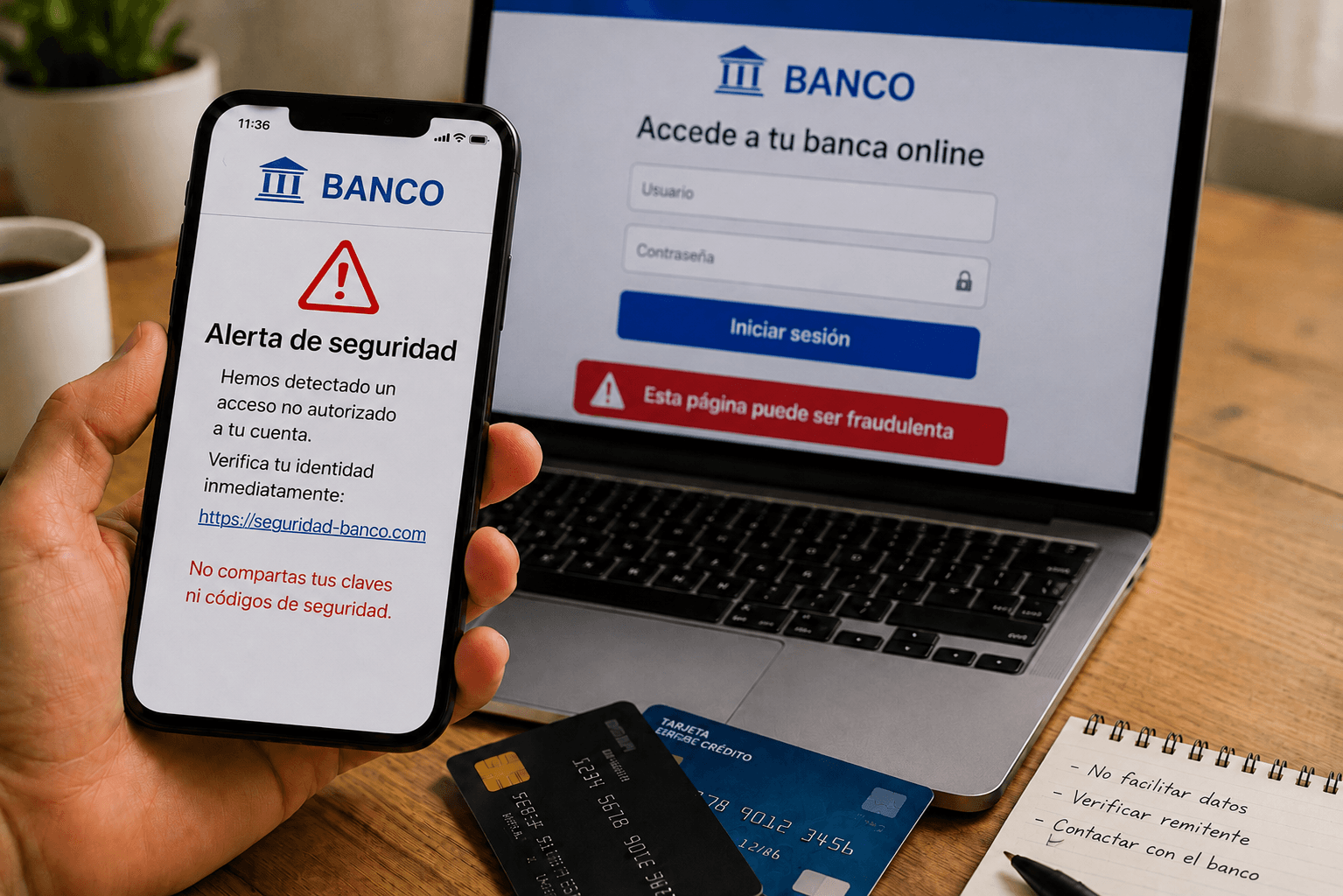 Usuario recibe una alerta falsa de banco en el móvil durante un intento de phishing bancario, con una página fraudulenta de banca online en el ordenador.