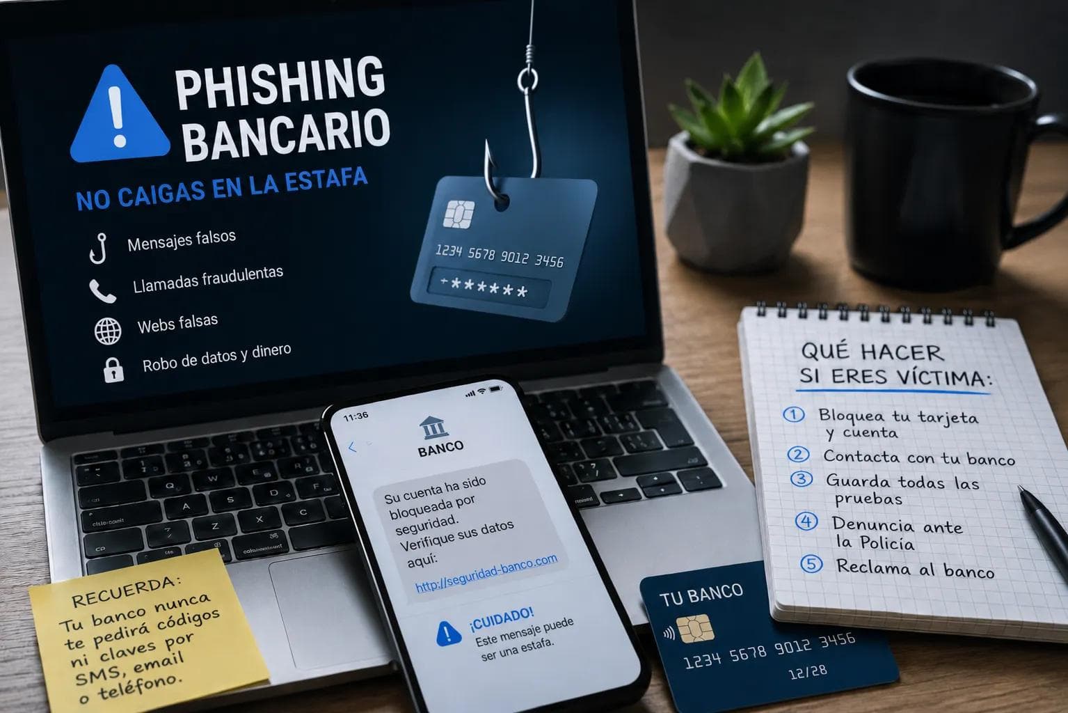 Imagen sobre phishing bancario con móvil, tarjeta y aviso de seguridad para explicar cómo reclamar al banco y recuperar el dinero robado.