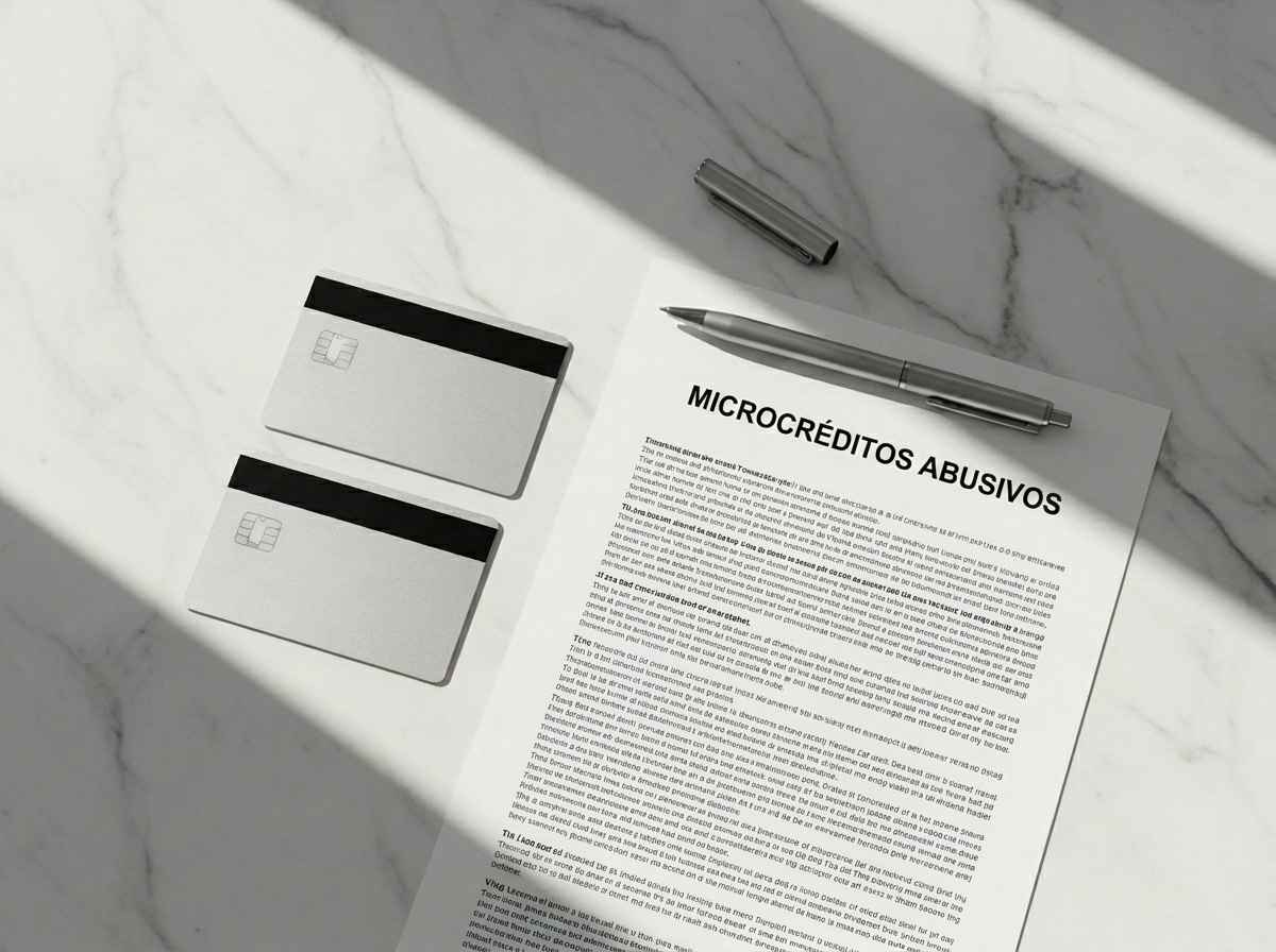 Contrato de microcrédito con calculadora y bolígrafo sobre mesa, documentación para reclamar intereses abusivos