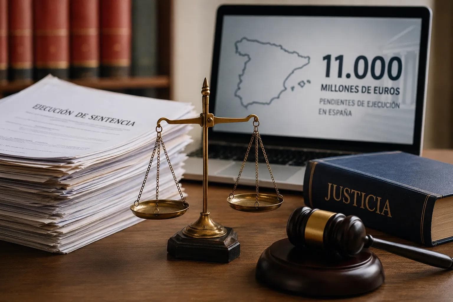 Imagen de un escritorio jurídico con documentos legales, un mazo de juez, una balanza de justicia y un gráfico relacionado con los 11.000 millones de euros pendientes de ejecución judicial en España.